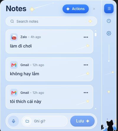 ViSO desktop panel: a column of note cards, a search bar and a composer